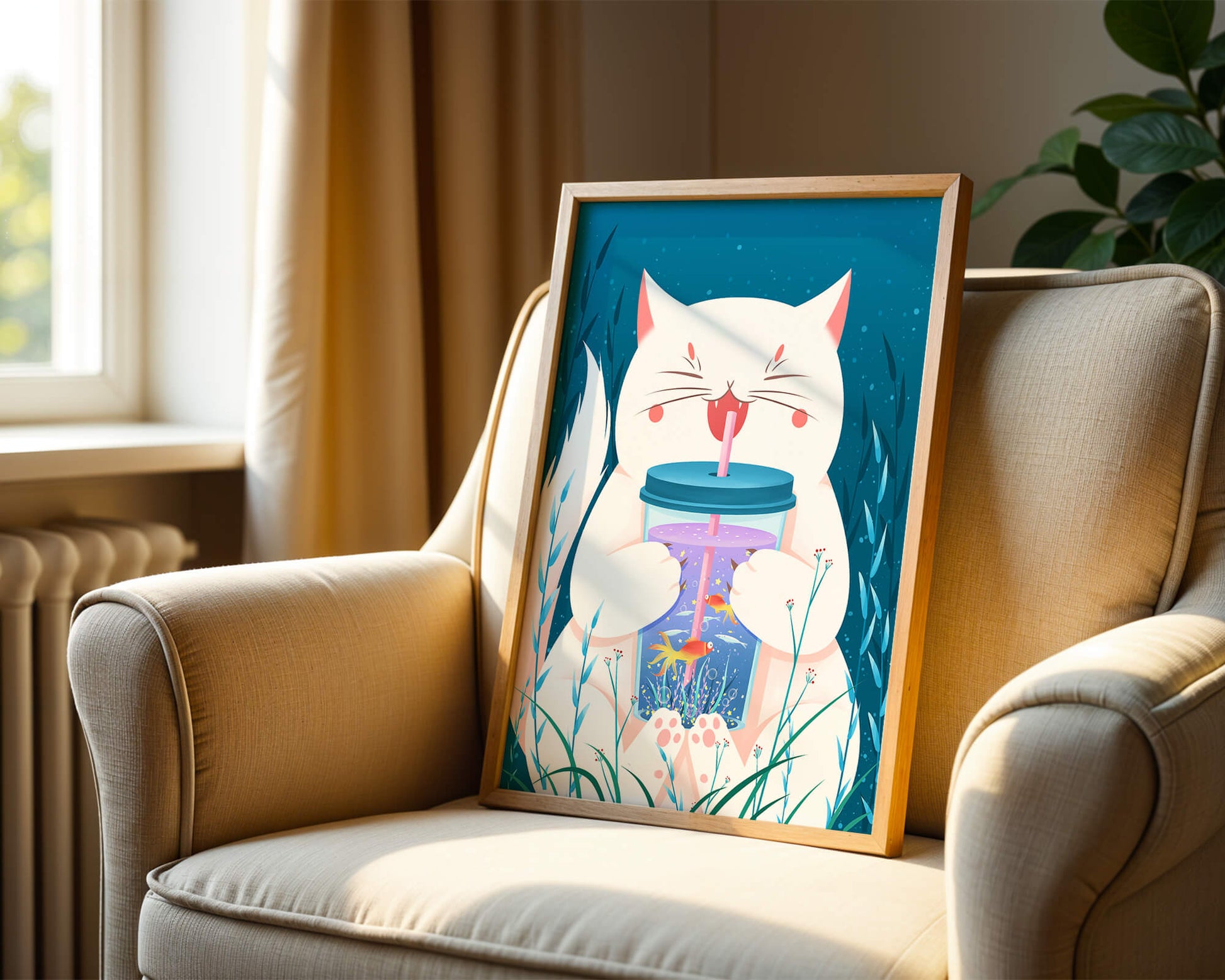 Playful cat with a fish tank tumbler in the underwater scene illustration