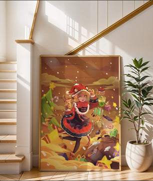 Festive anime character surrounded by gifts and holiday decor