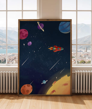 Farbenfrohes Weltraumabenteuer mit Planeten und Raketenillustration