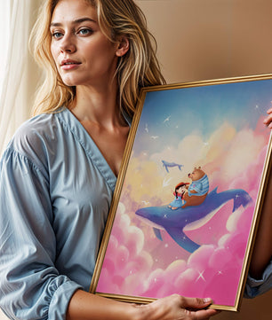 Fantasy illustration of girl and bear riding a whale through colorful clouds