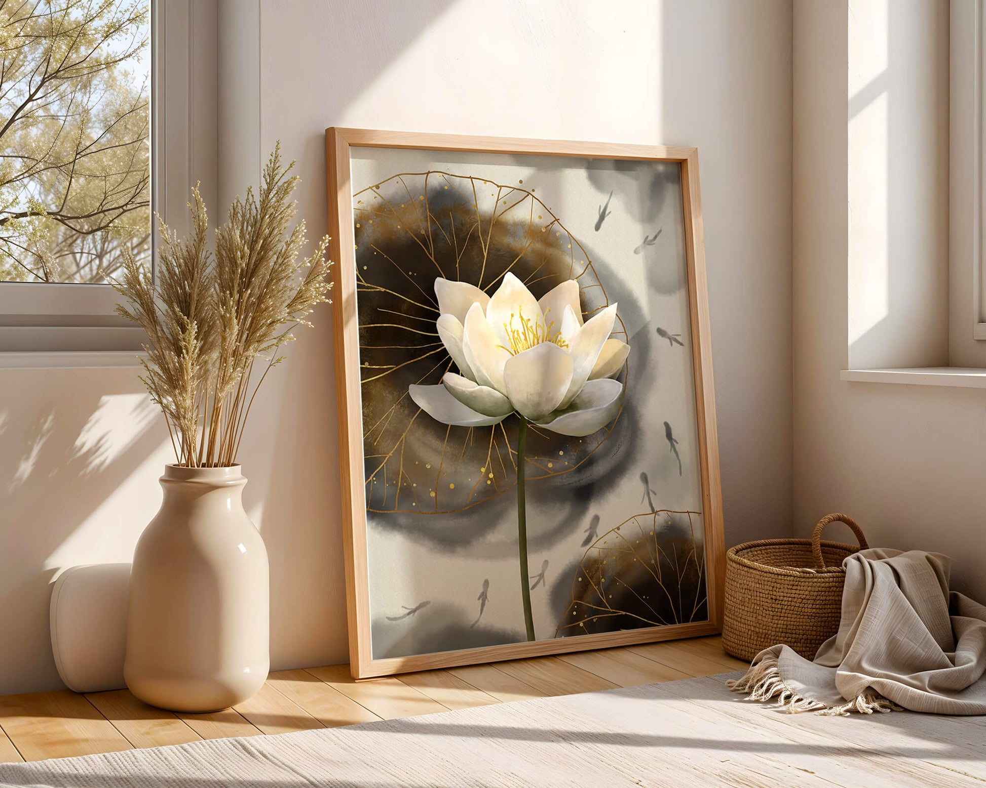 Illustration of a lotus flower with golden accents