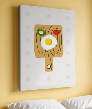 Ilustración de una escena de desayuno con huevo, aguacate y tomate sobre tabla de madera