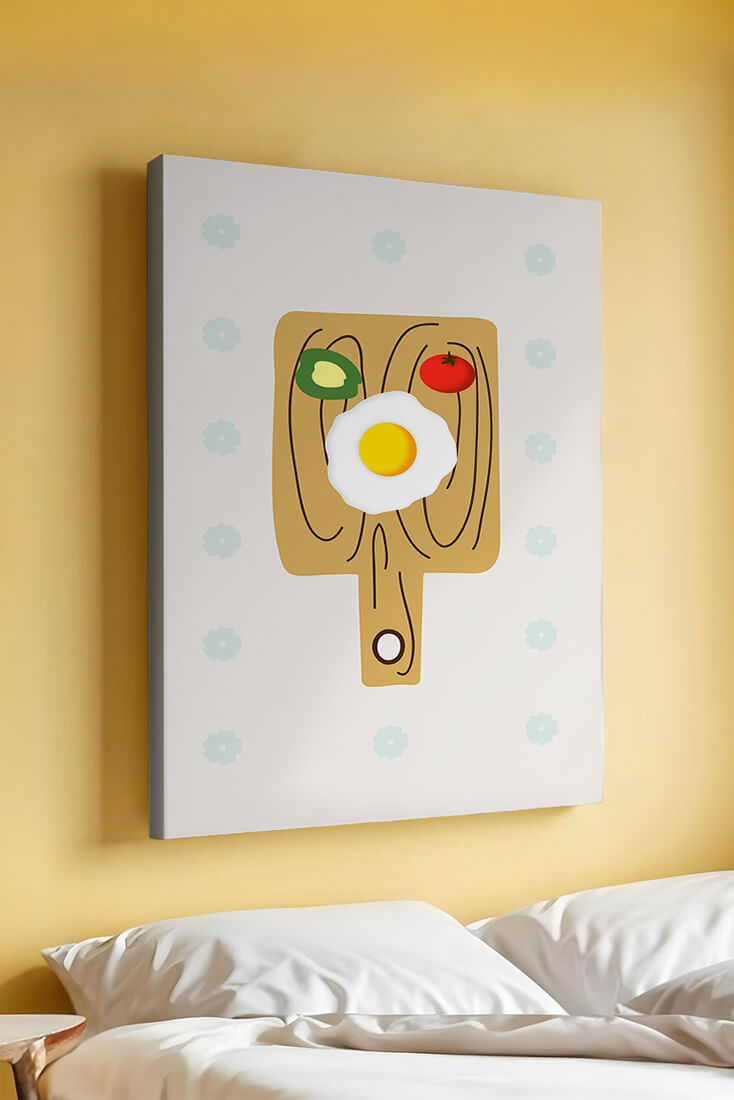 Ilustración de una escena de desayuno con huevo, aguacate y tomate sobre tabla de madera