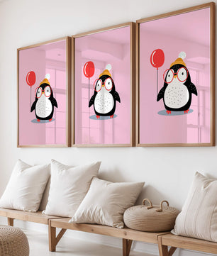 Ilustración adorable de un pingüino con globo y gafas