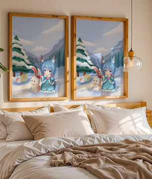 Winter scene with cute chibi character and bunny in snowy landscape