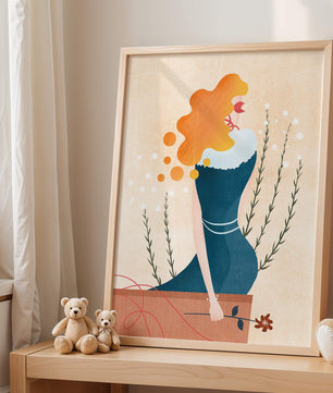 Woman with Floral Decor and Flowing Hair in Minimalist Art - Mi tienda