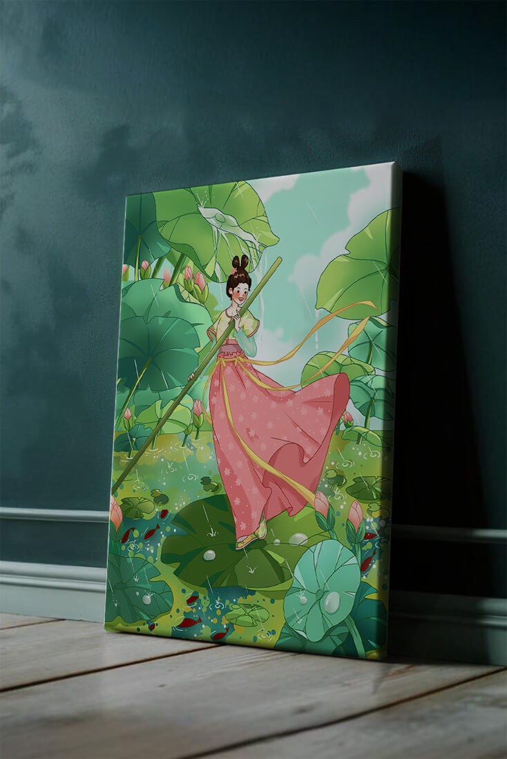 A whimsical scene of a girl in traditional dress among vibrant lotus leaves