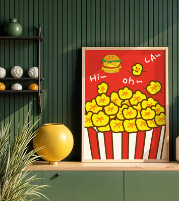 Playful illustration of popcorn and burger characters on a red background