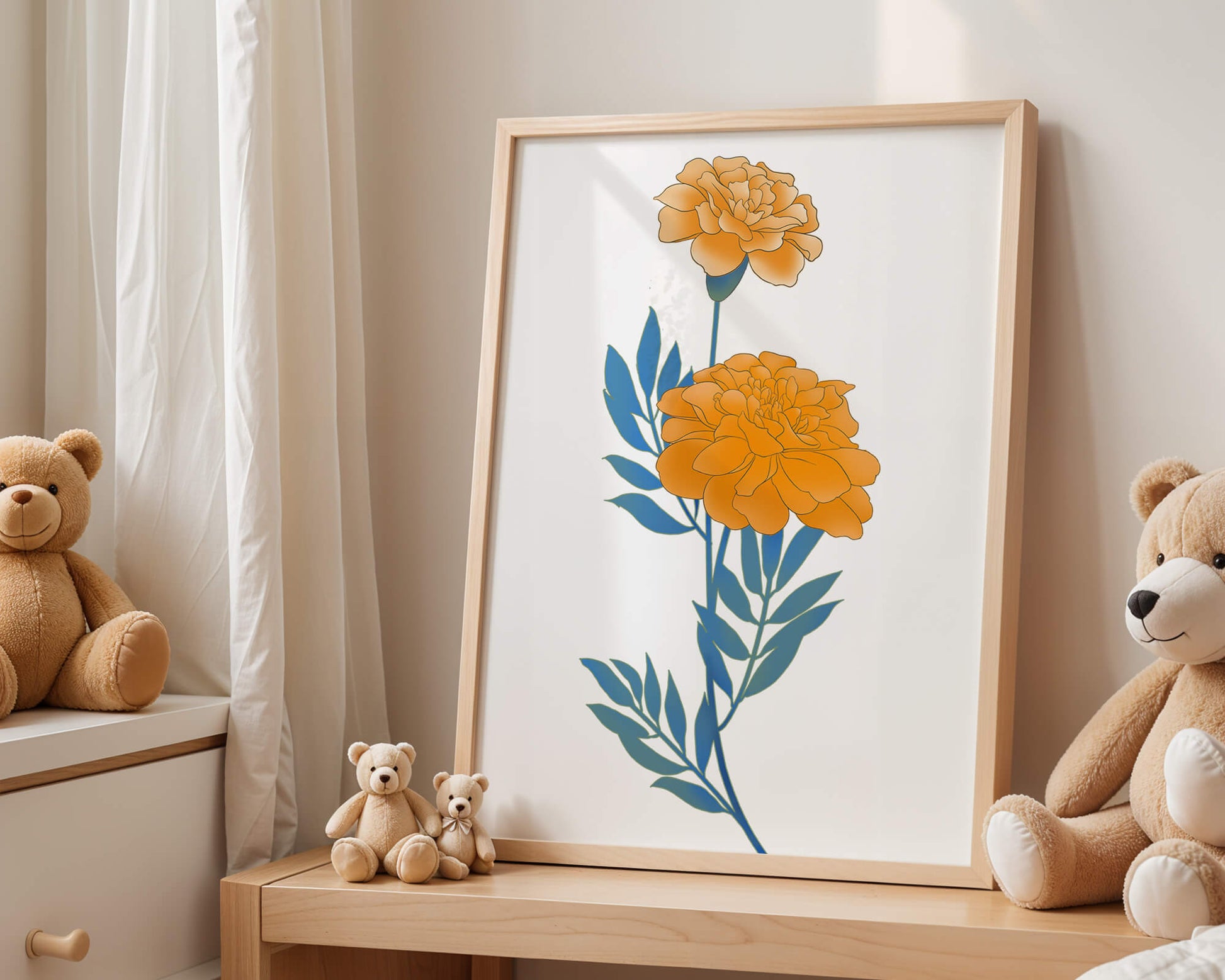 Elegante Illustration lebendiger Ringelblumen auf grünem Hintergrund