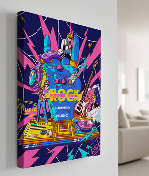 Ilustración temática vibrante de música rock con instrumentos y artistas