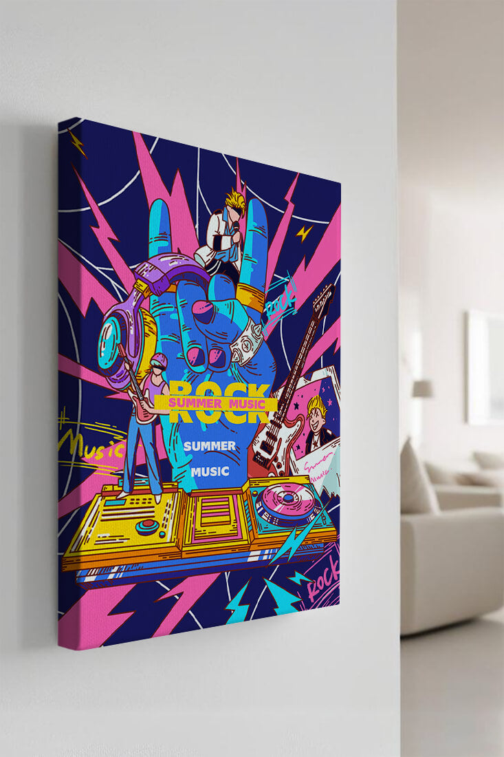 Ilustración temática vibrante de música rock con instrumentos y artistas