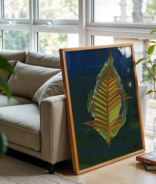 Abstract digital artwork featuring a vibrant multicolored leaf