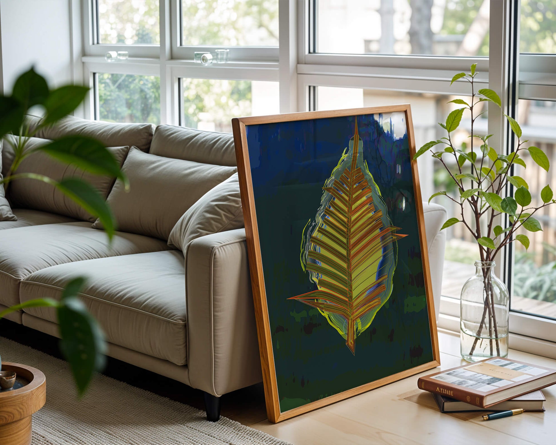 Abstract digital artwork featuring a vibrant multicolored leaf