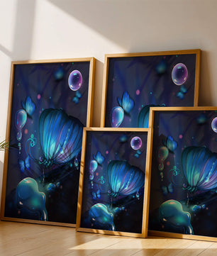 Illuminated Blue Butterflies with Glowing Bubbles in Enchanted Darkness