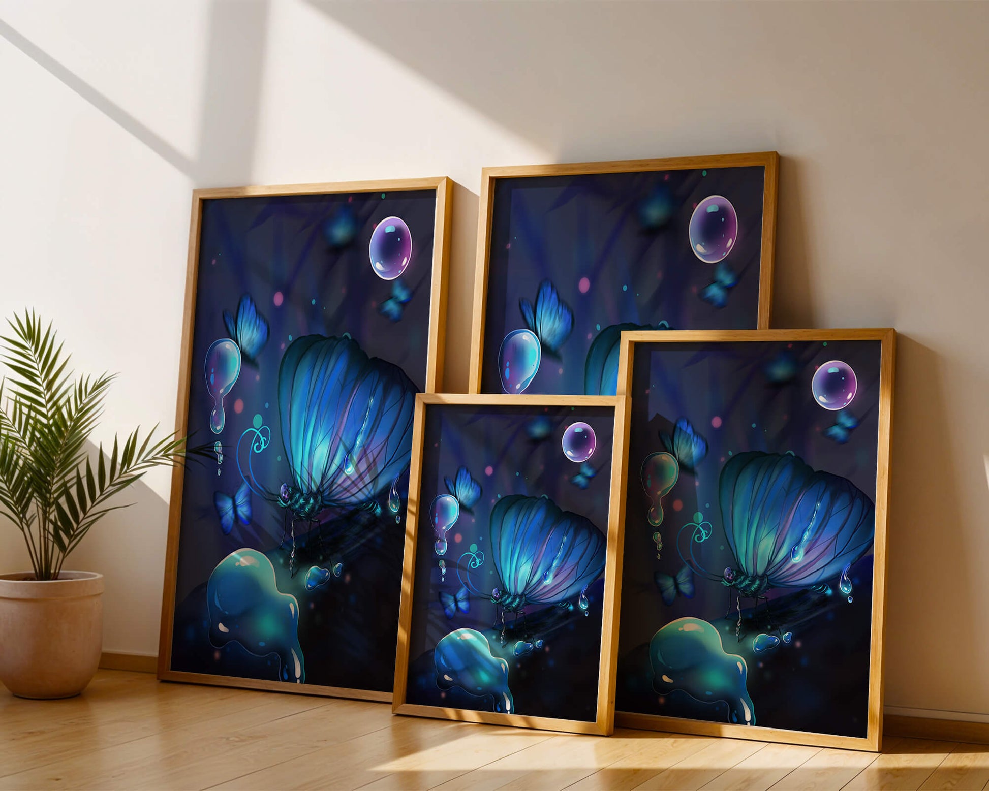 Illuminated Blue Butterflies with Glowing Bubbles in Enchanted Darkness