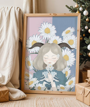 Ilustración de una niña con margaritas y cuernos sobre un fondo pastel