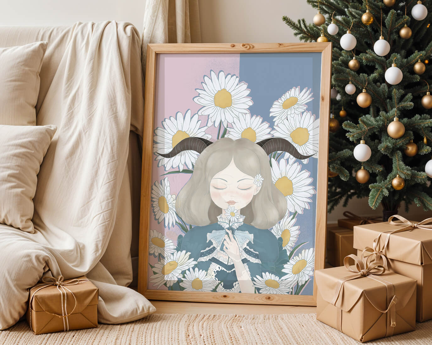 Illustration of girl with daisies and horns on a pastel background