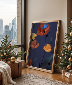 Abstract Floral Illustration with Colorful Flowers on Dark Background