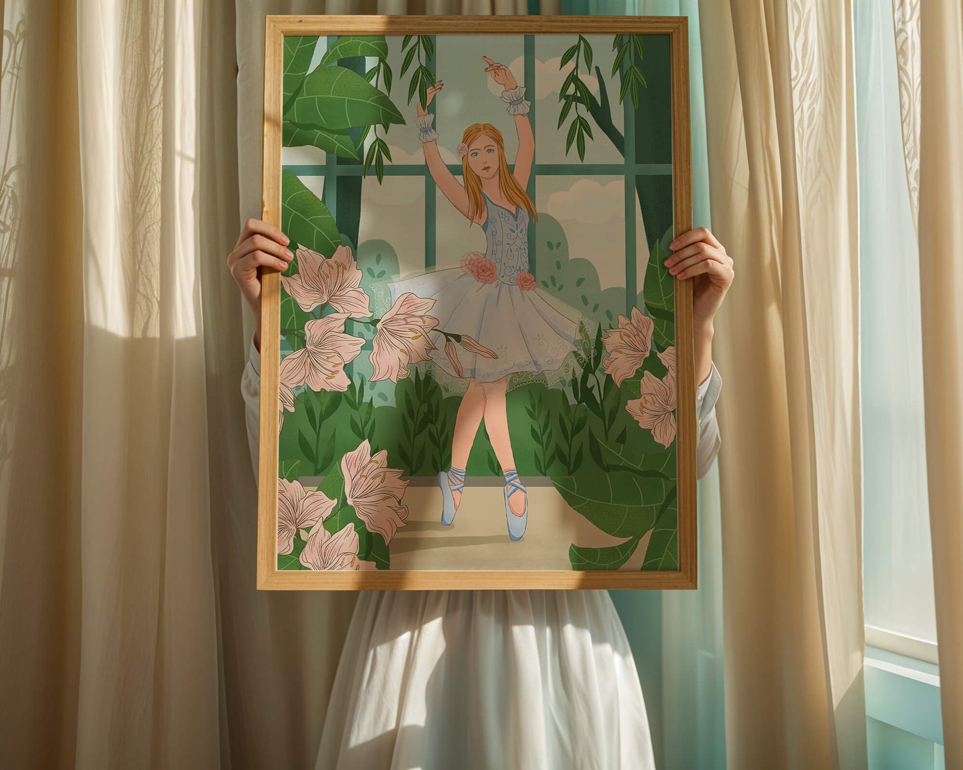Elegant ballet dancer in a floral and botanical setting