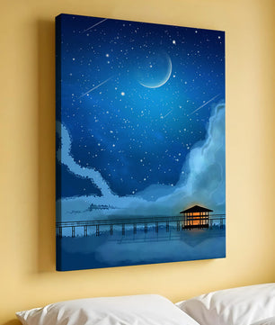 Serene Night Sky with Crescent Moon, Stars, and Pier Over Water