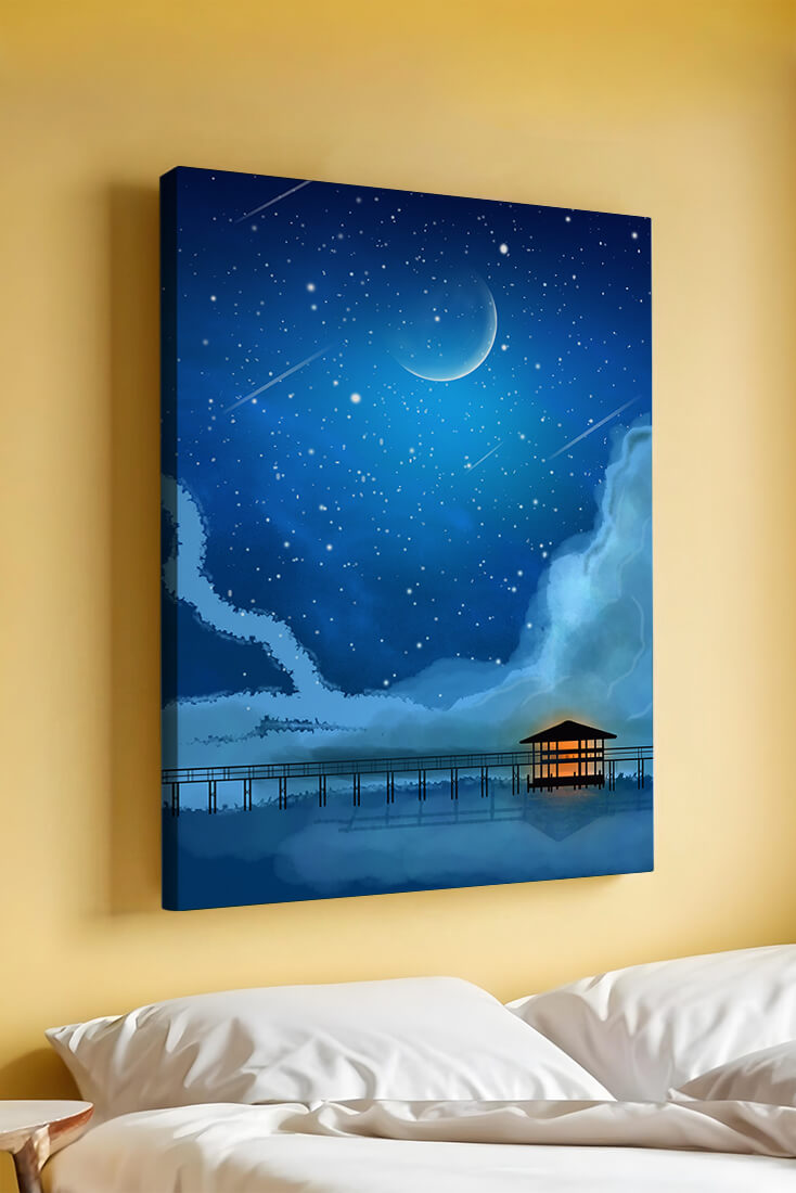 Serene Night Sky with Crescent Moon, Stars, and Pier Over Water