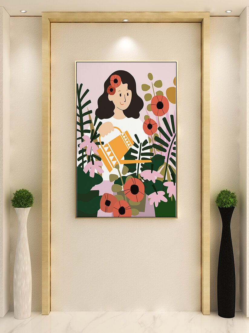 Woman watering plants surrounded by vibrant flowers and greenery