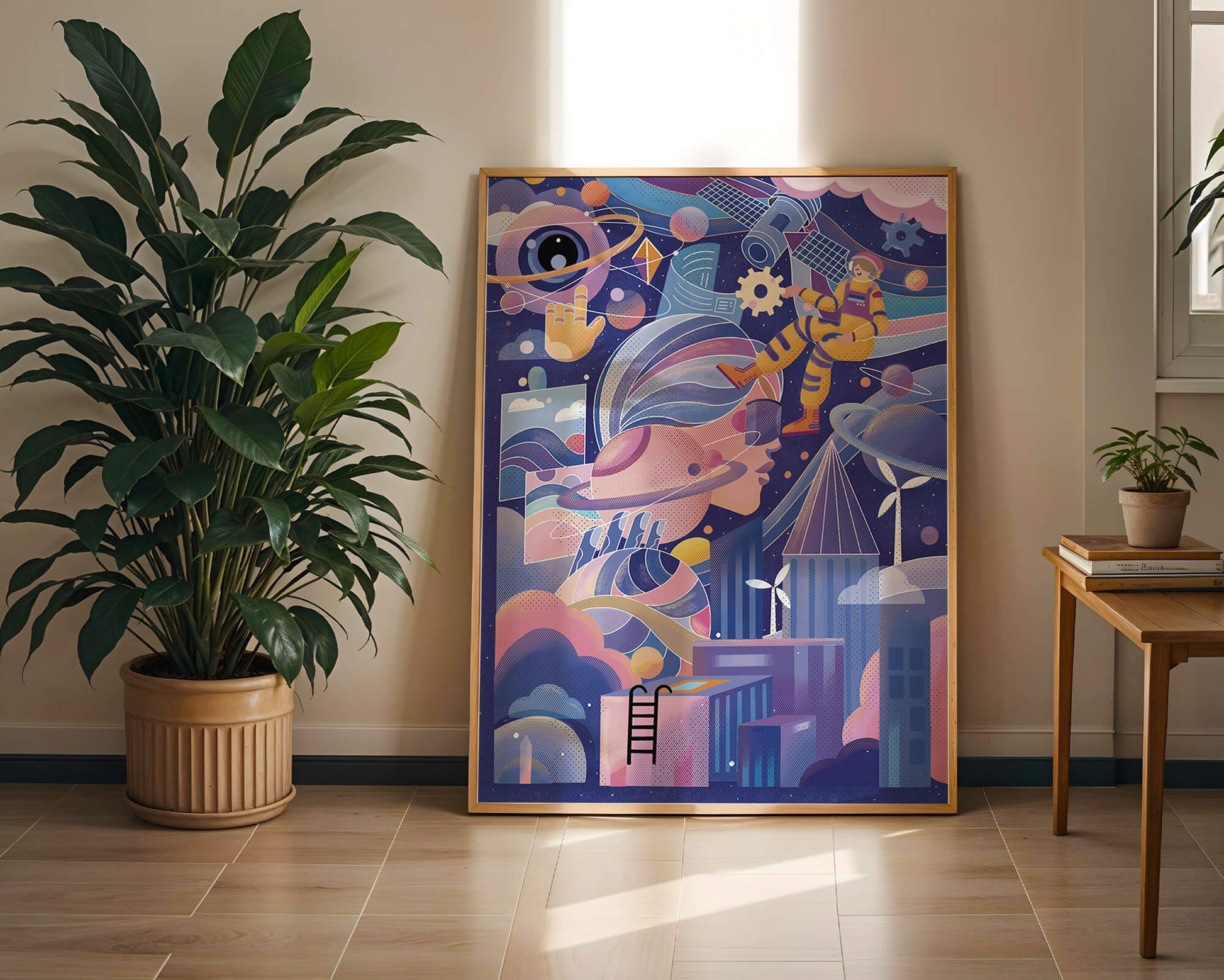 Futuristic space exploration artwork with astronaut and planets
