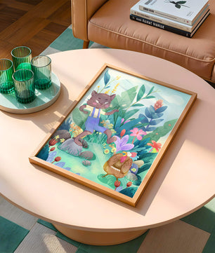 Playful Cat and Chicken in Vibrant Forest Scene Illustration