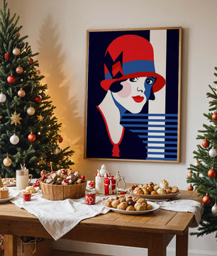 Femme élégante de style art déco avec chapeau cloche rouge et motifs géométriques