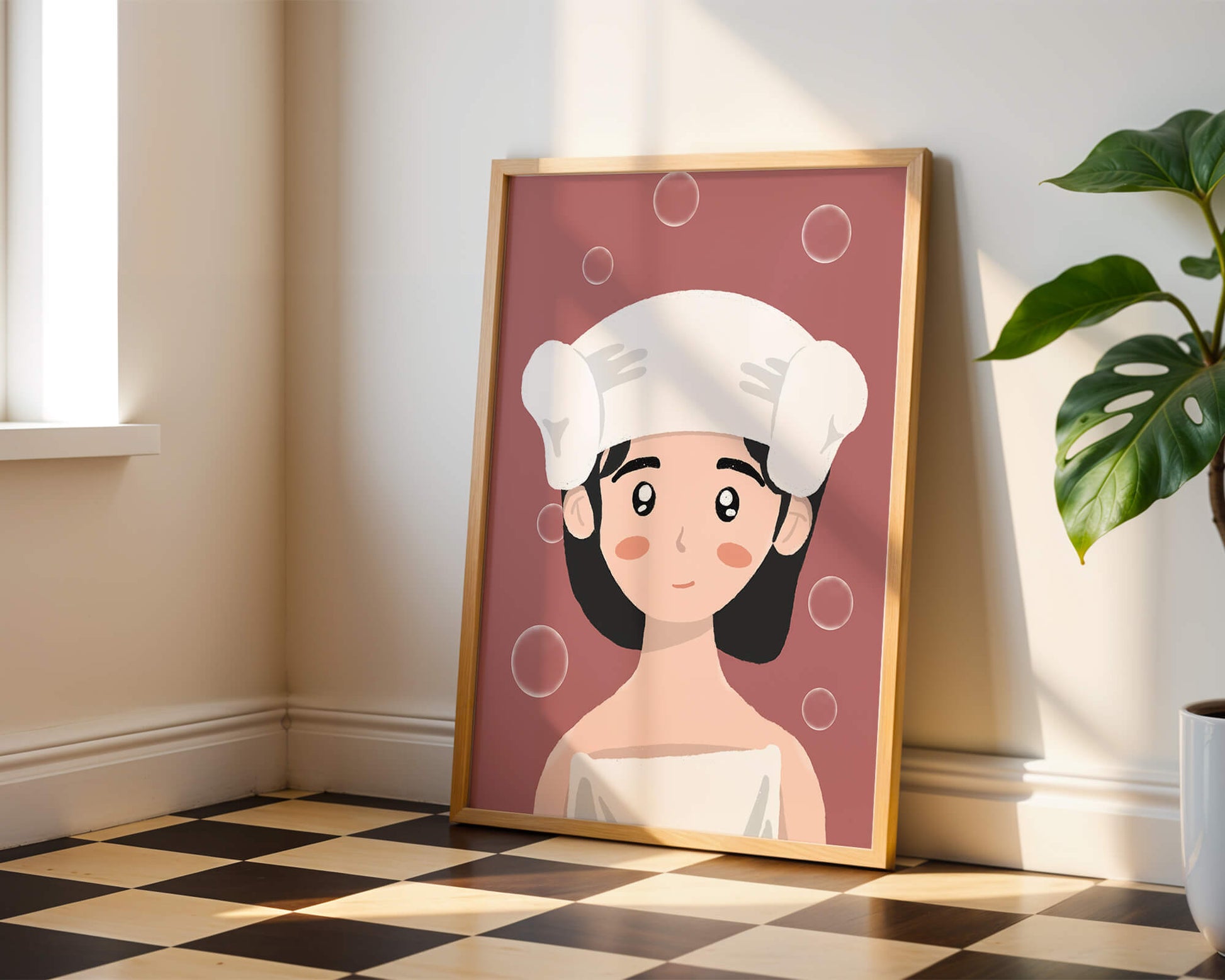 Ilustración de una persona en una toalla con burbujas sobre un fondo rosa