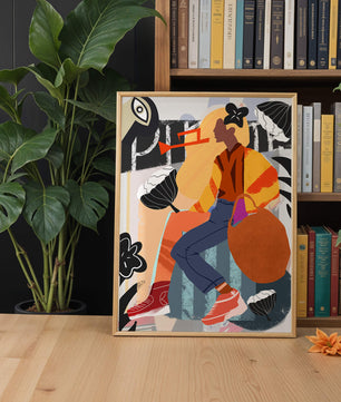 Colorful abstract fashion illustration with floral and geometric elements