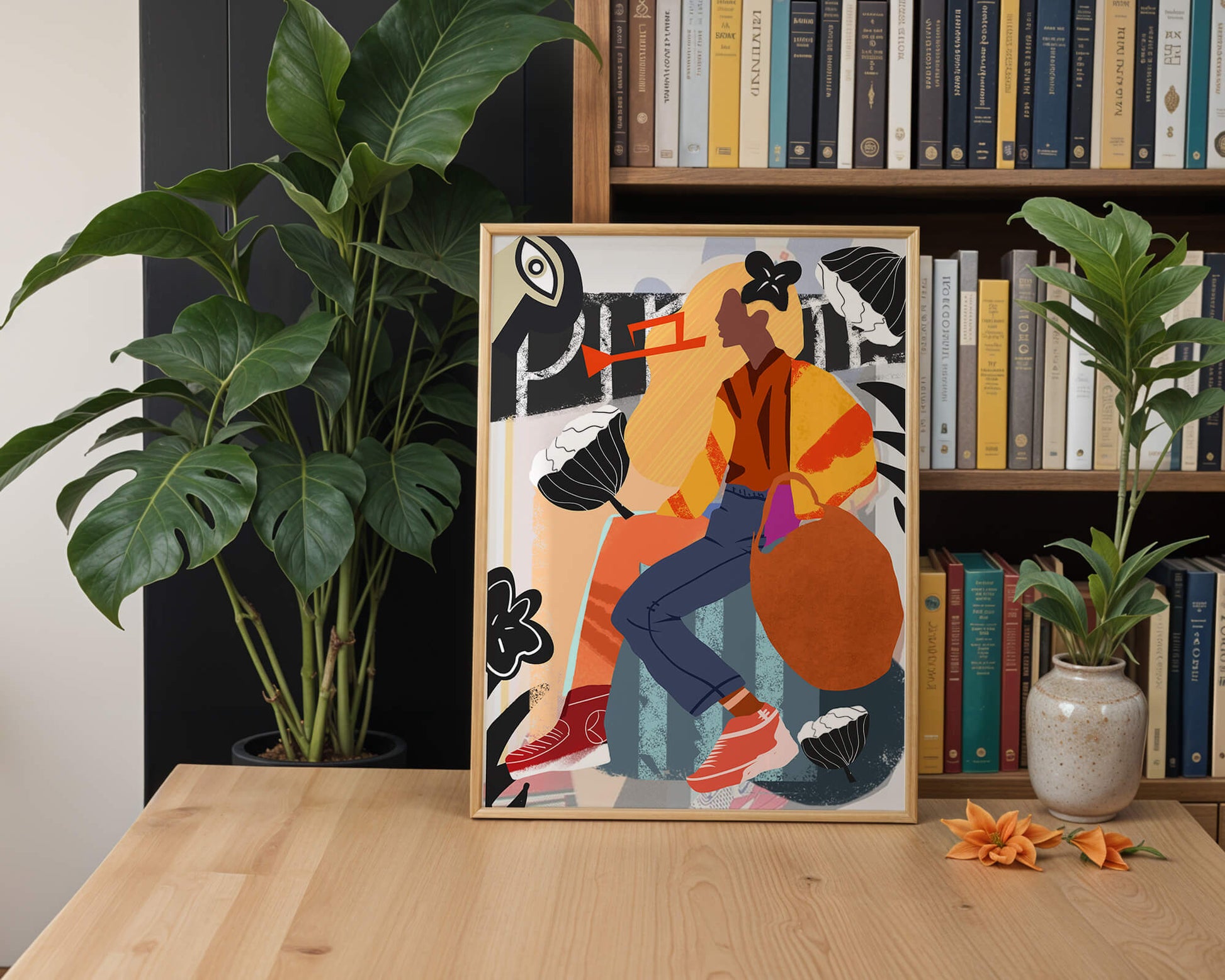 Colorful abstract fashion illustration with floral and geometric elements