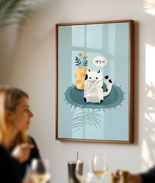 Cute illustration of a cat and flowers on a rug with a speech bubble
