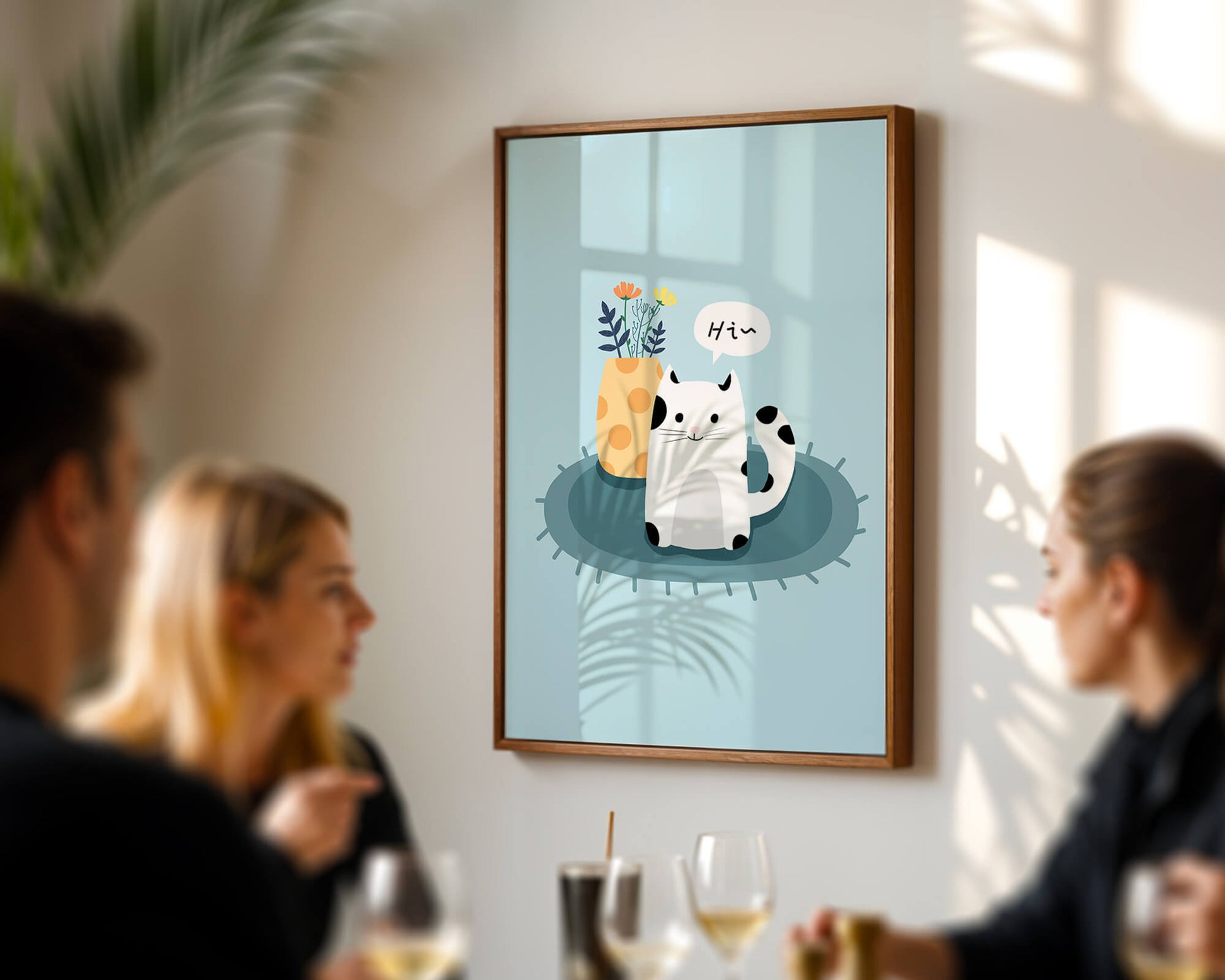 Cute illustration of a cat and flowers on a rug with a speech bubble