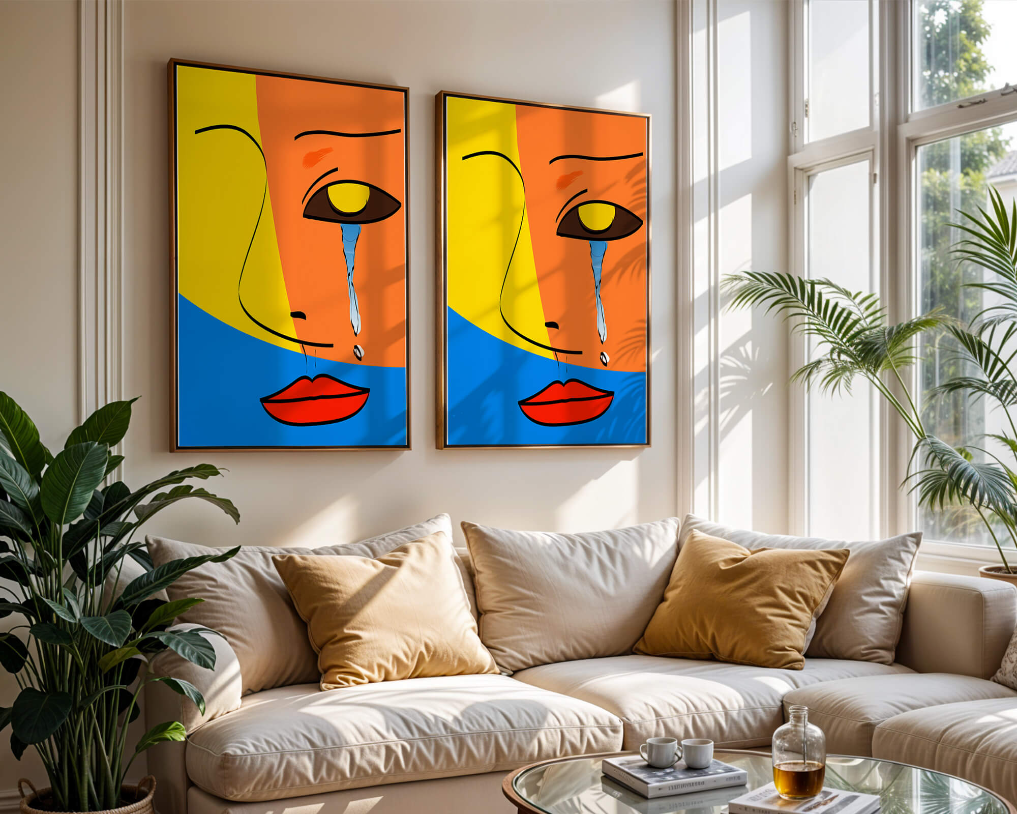 Colorful abstract face art with tear in modern style
