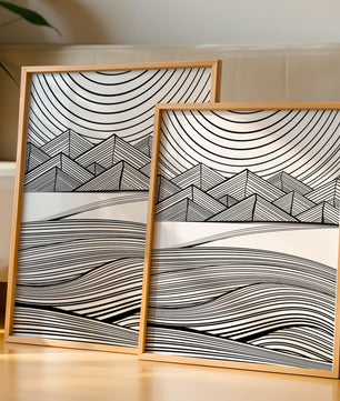 Abstract Black and White Geometric Landscape with Line Art
