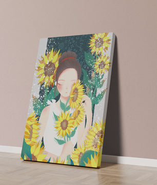Young woman surrounded by vibrant sunflowers in a serene setting