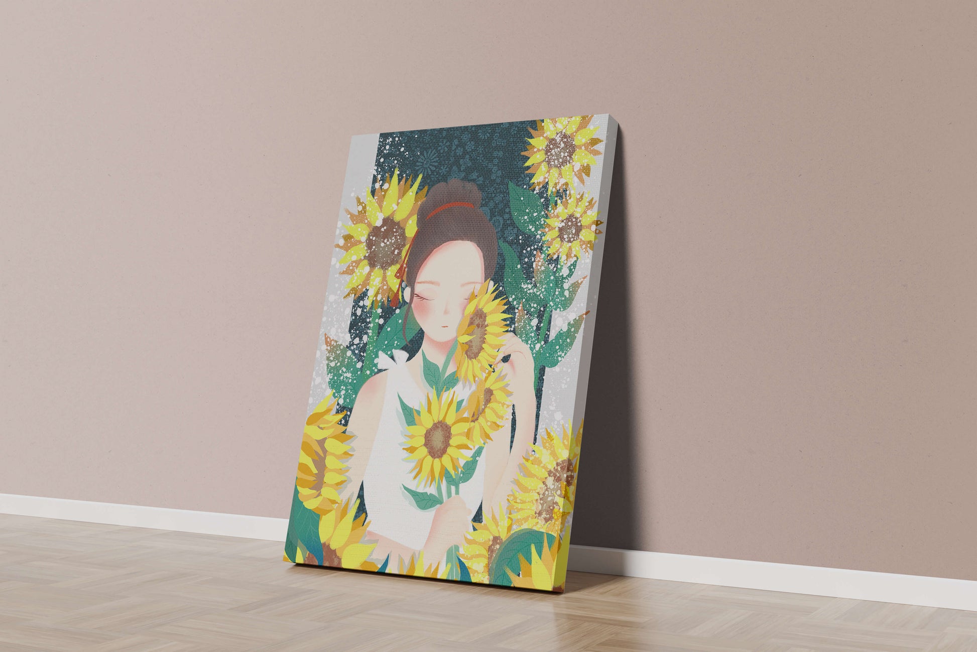 Young woman surrounded by vibrant sunflowers in a serene setting