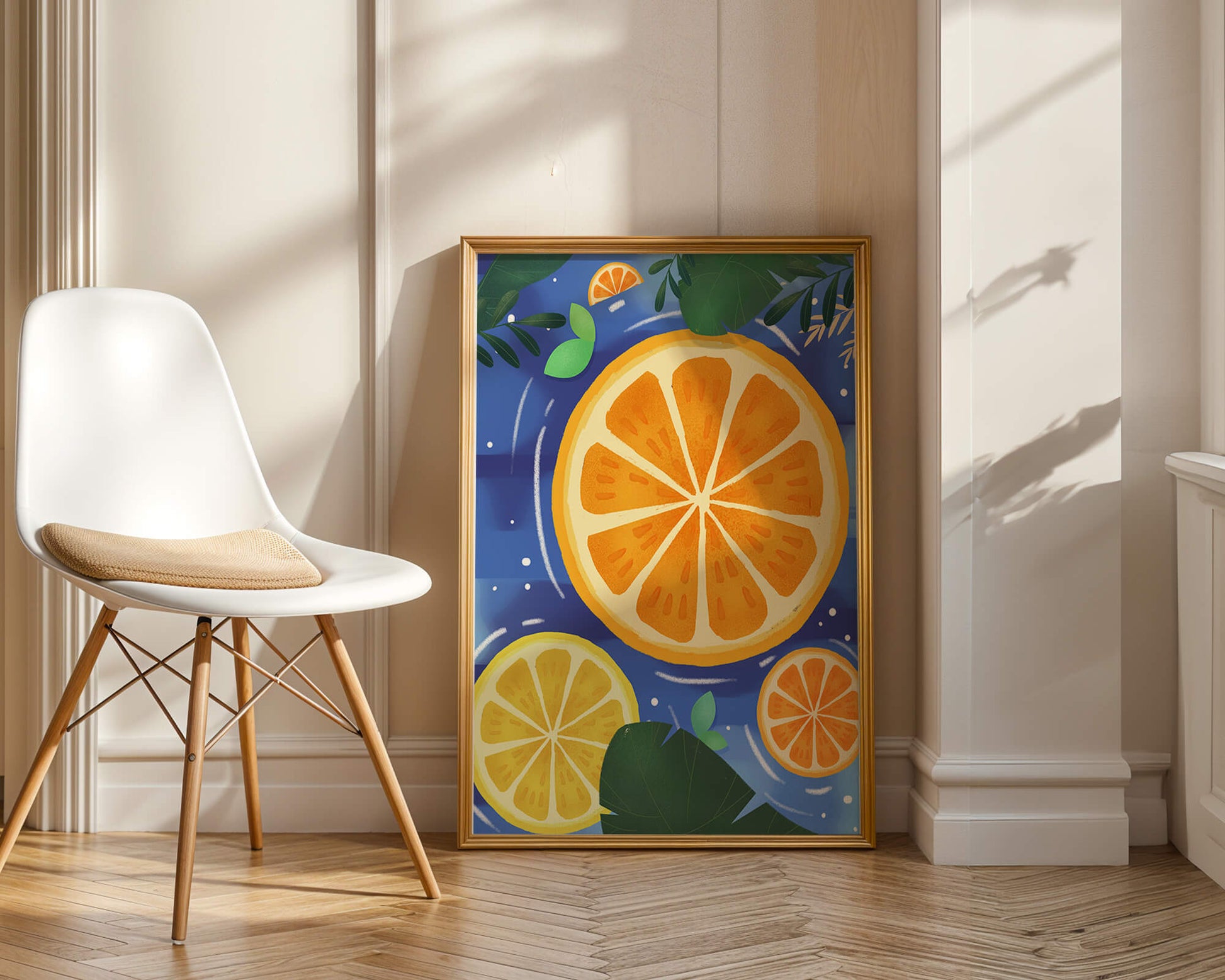 Rodajas de cítricos coloridas sobre fondo azul con hojas tropicales