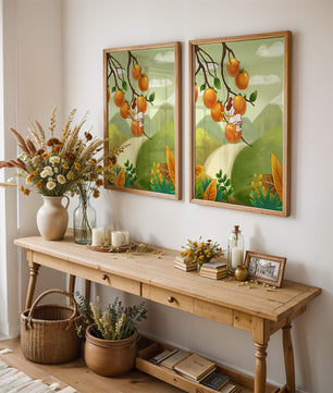 Femme assise sur un fruit orange dans un paysage surréaliste