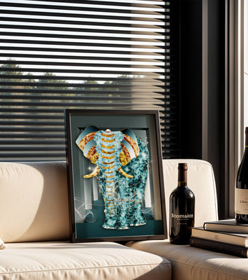Elephant with Gold and Blue Textures in Surreal Geometric Background