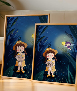 Ilustración de una chica en un bosque con una luciérnaga mágica por la noche