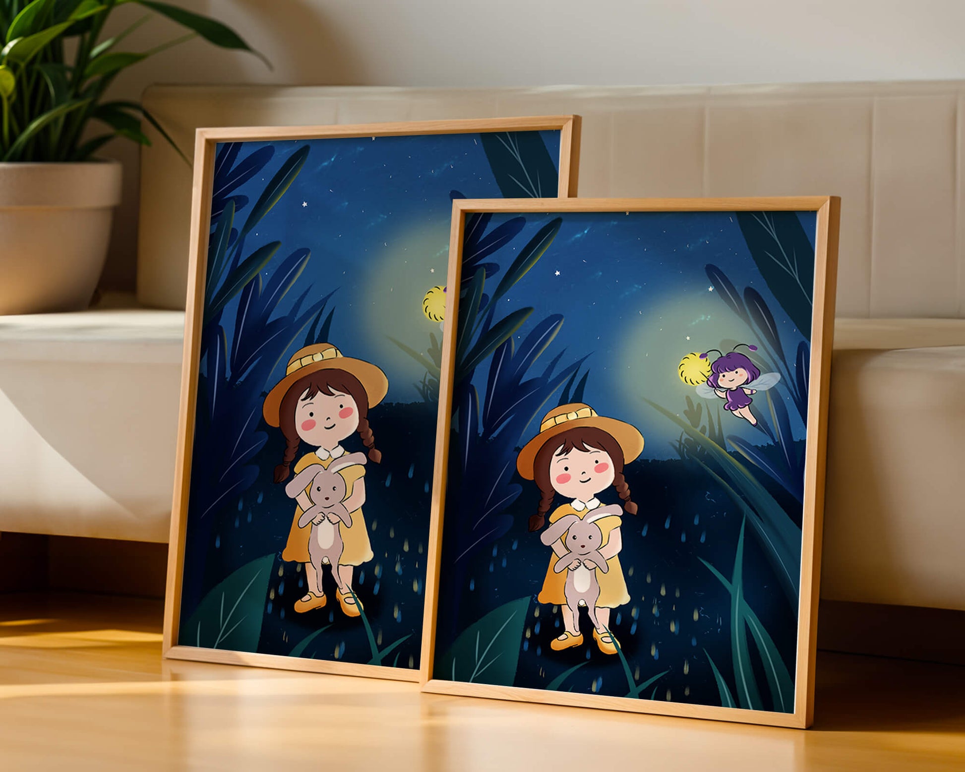 Ilustración de una chica en un bosque con una luciérnaga mágica por la noche