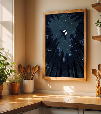 Dragon flying through starry night sky above dark forest