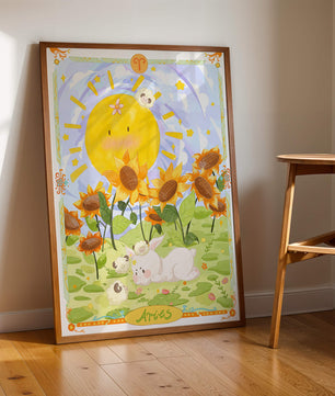 Ilustración encantadora de Aries con animales juguetones y girasoles