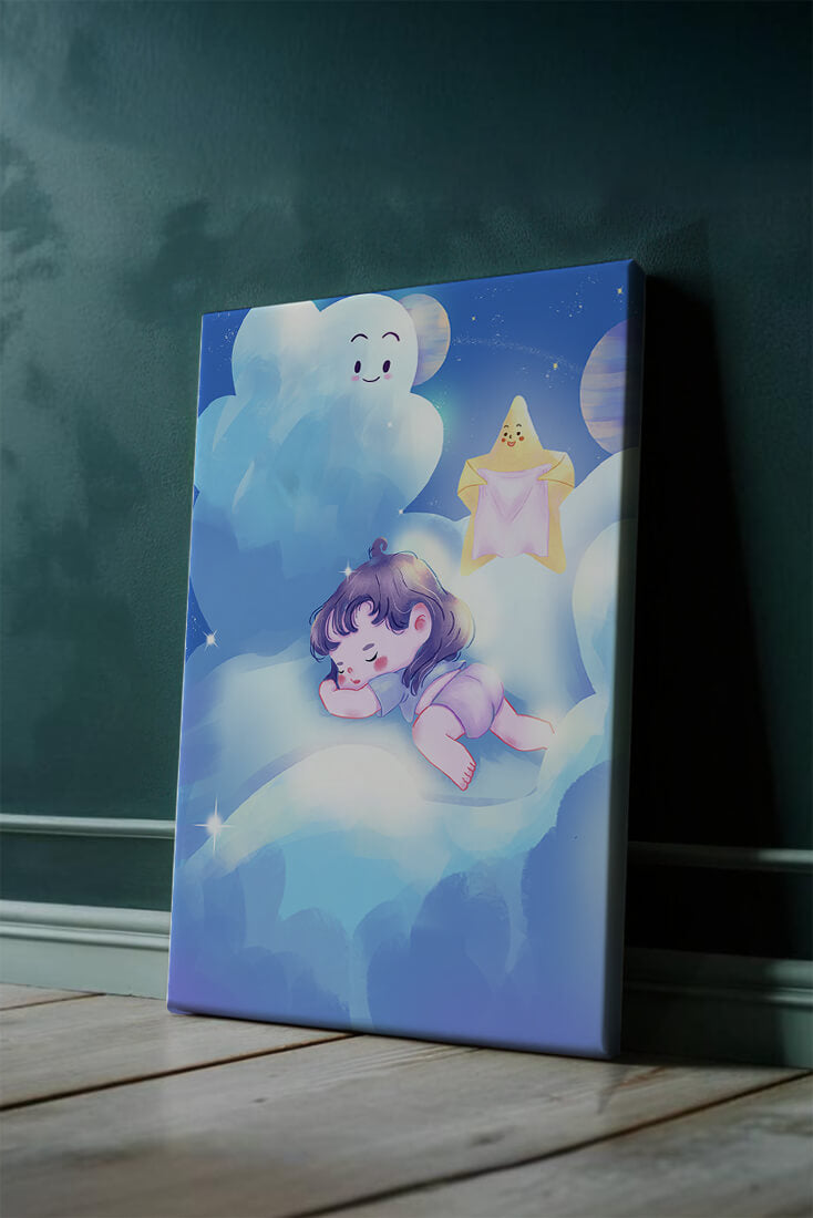 Dreamy illustration of sleeping child on clouds with smiling cloud and star