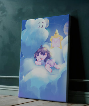 Dreamy illustration of sleeping child on clouds with smiling cloud and star