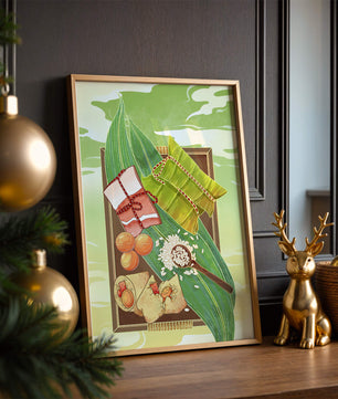 Traditional dumplings wrapped in leaves with ingredients on a vibrant background