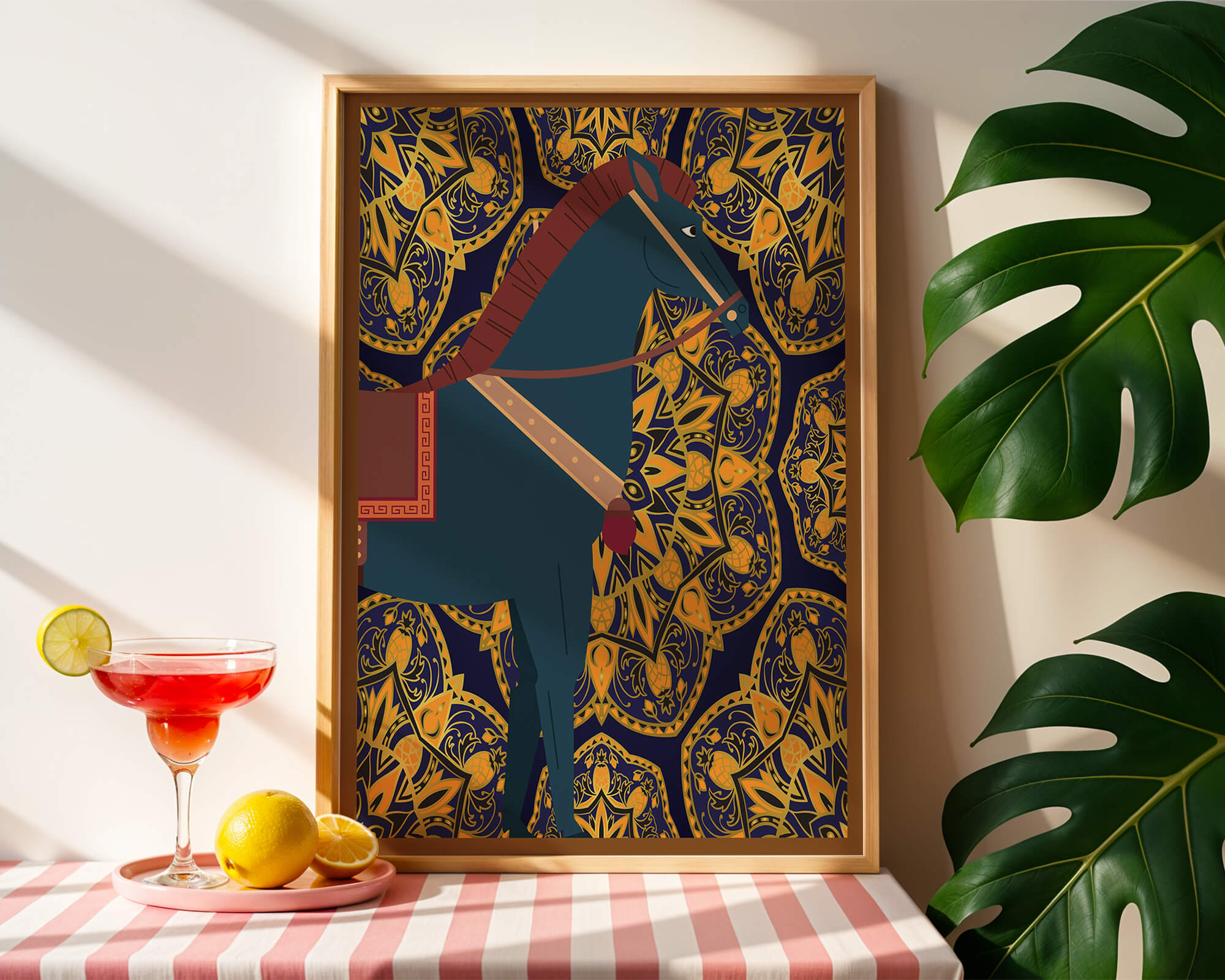 Stylized horse illustration on intricate golden pattern background