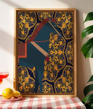 Stilisierte Pferdeillustration auf kompliziertem goldenem Musterhintergrund